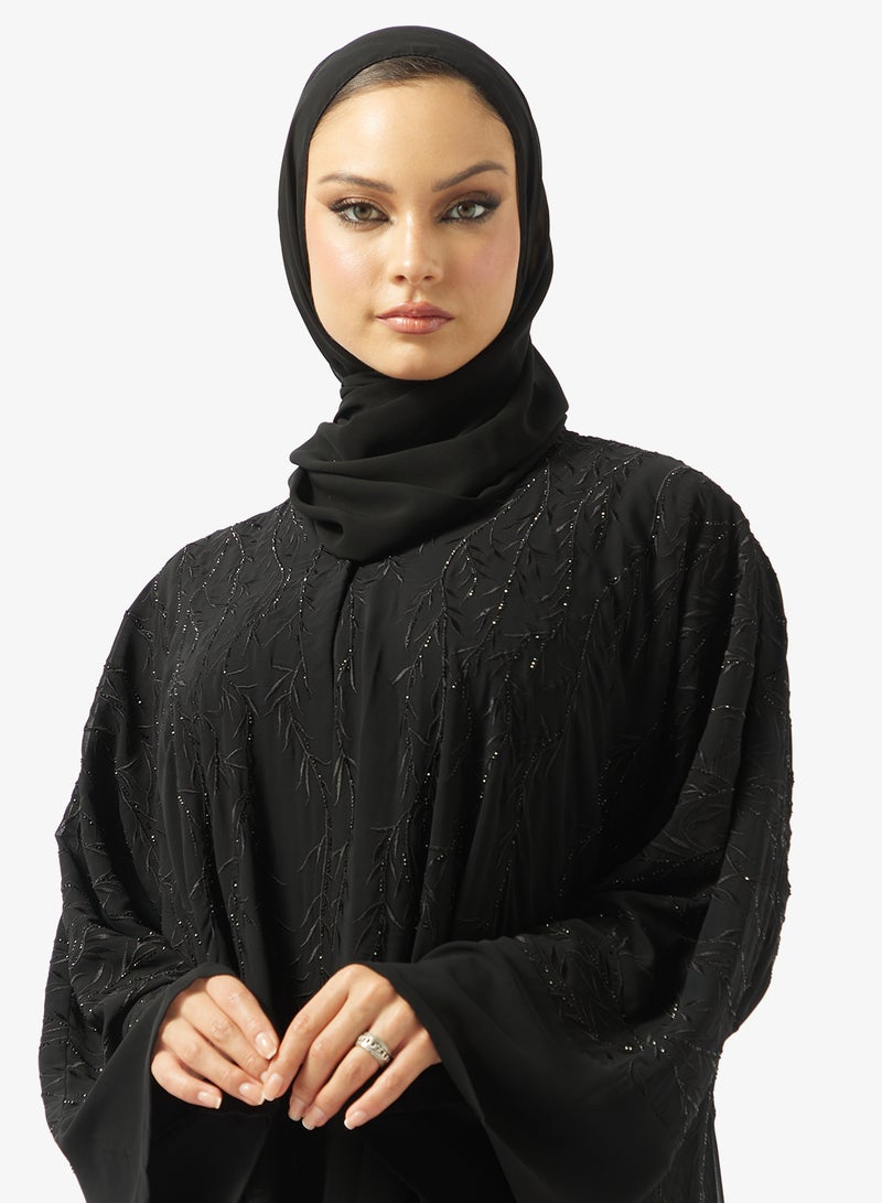 هيا كلوزيت عباية مفتوحة مطرزة بزخارف زهور وياقة على شكل - Image 3